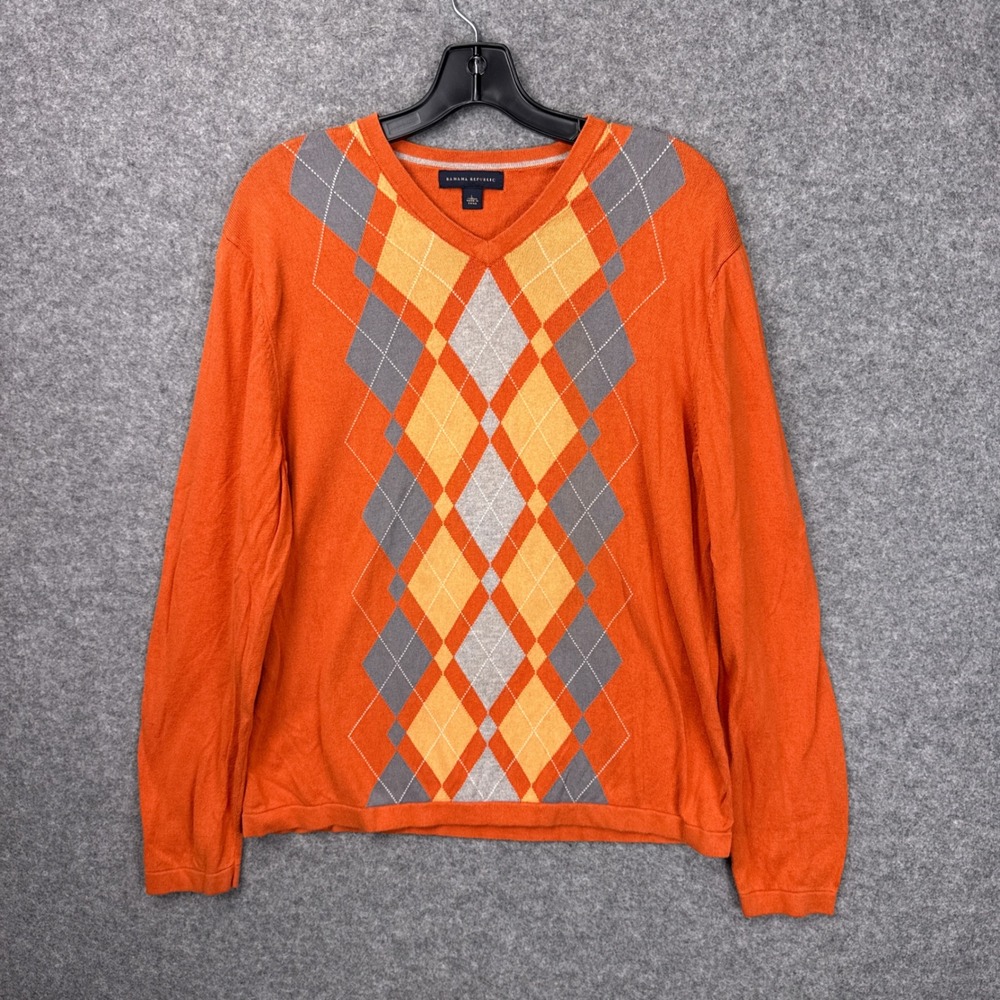 Banana Republic Sweater Argyle V-Neck Large Orange Silk Cotton Cashmere Knit